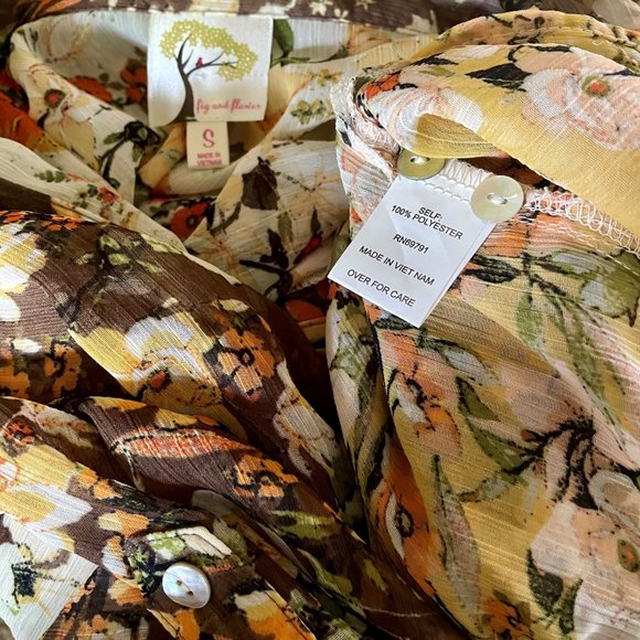 Anthro Fig & Flower Fall Floral Tab Sleeve Button Down Tunic Blouse S Semi Sheer - Picture 10 of 13